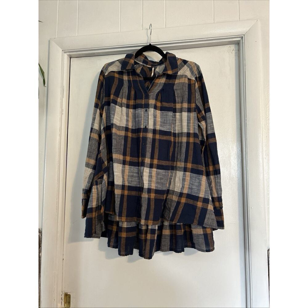 Free People Plaid Hi Low Ruffle Hem Button Up Shirt Blue and Cream Size M